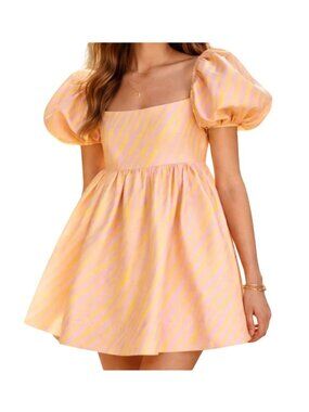 AZEEZA Kam Raw Silk Puff Sleeve Mini Dress Pink Yellow Zebra Statement - Size S